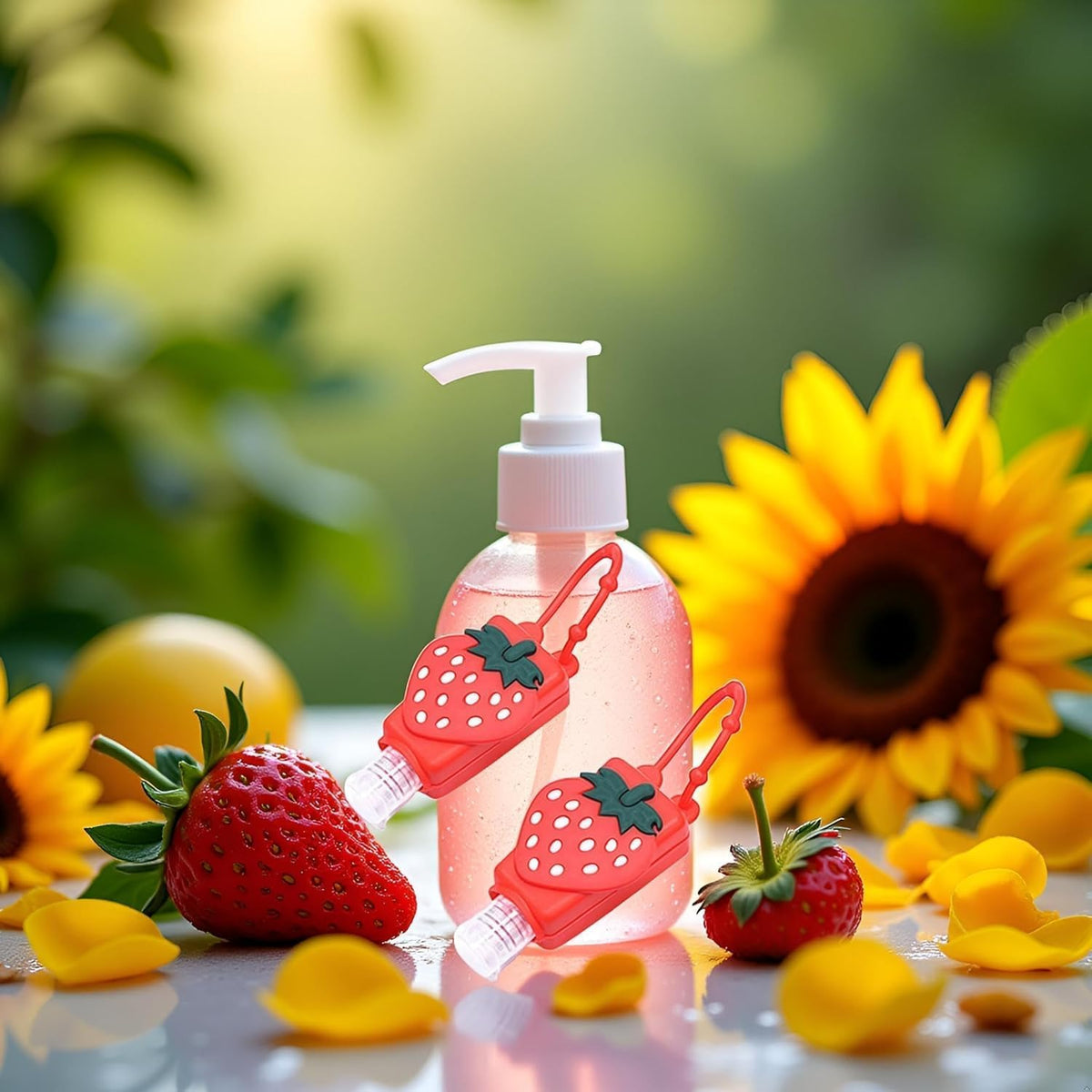 2Pcs Strawberry Empty Travel Hand Sanitizer Bottle, Silicone Sleeve Refillable Empty Squeeze Leakproof Flip Cap Keychain, Hand Soap Holder Cosmetic Containers, Refillable Portable Travel Containers