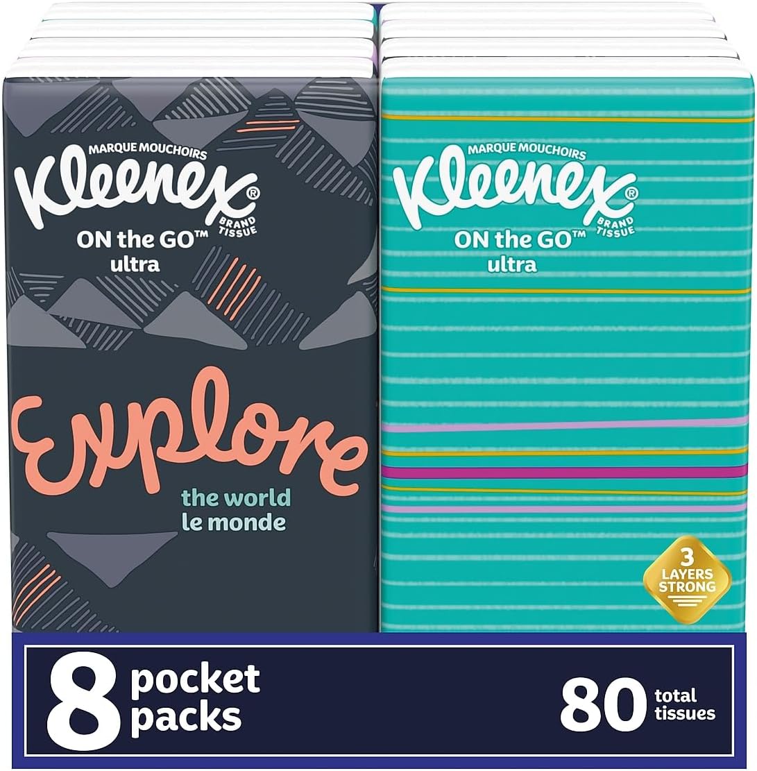 Kleenex 46651 On The Go Packs Facial Tissues, 3-Ply, White, 10 Sheets/Pouch, 8 Pouches/Pack