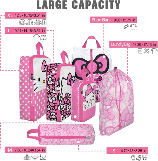 6 Set Kids Packing Cubes for Travel Carry On, Space Saving Compression Bags for Packing In Suitcase, Cute Pink Packing Organizers for Luggage Storage Girls Gift Trip and Family Vacation