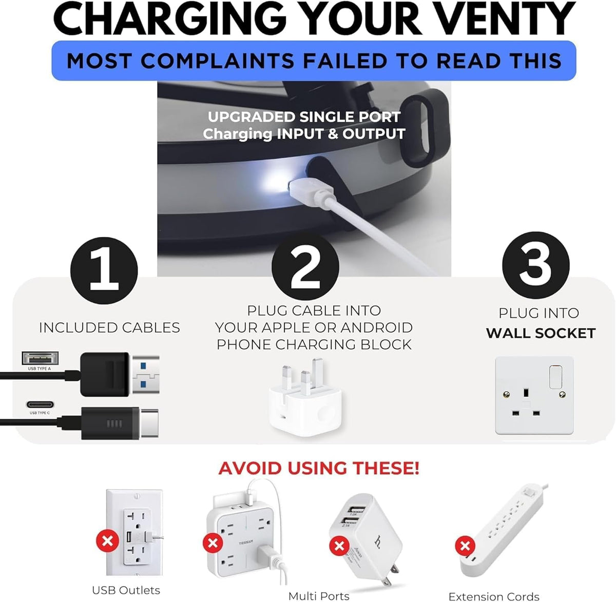 VENTY Portable Fan - Wireless Battery Operated Fan - 4 Speeds - LED Lighting - Carry Case & Remote Control - Cruise Travel - Outdoor Travel RV Power Bank With USB-C Port (Black with Case)