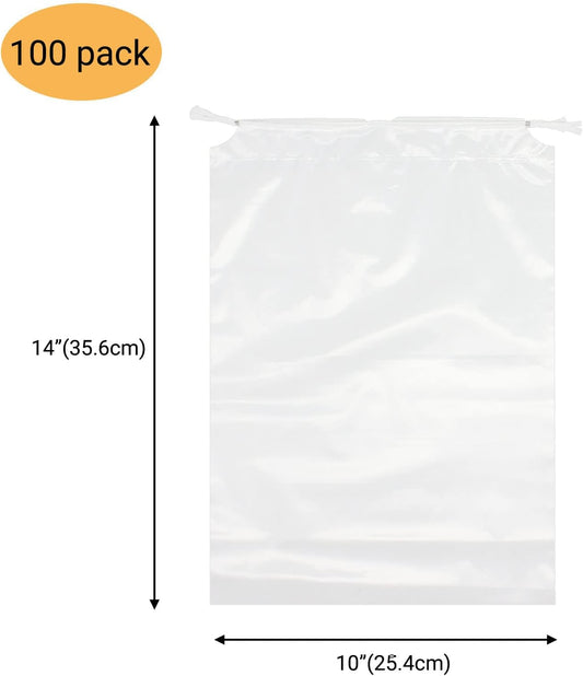 100 Pack 12x18 inch Plastic Drawstring Bags Transparent Shoe Bags for Travel Large Clear Shoes Storage Organizers Pouch with Cotton Draw Strings Shoe Dust Bags