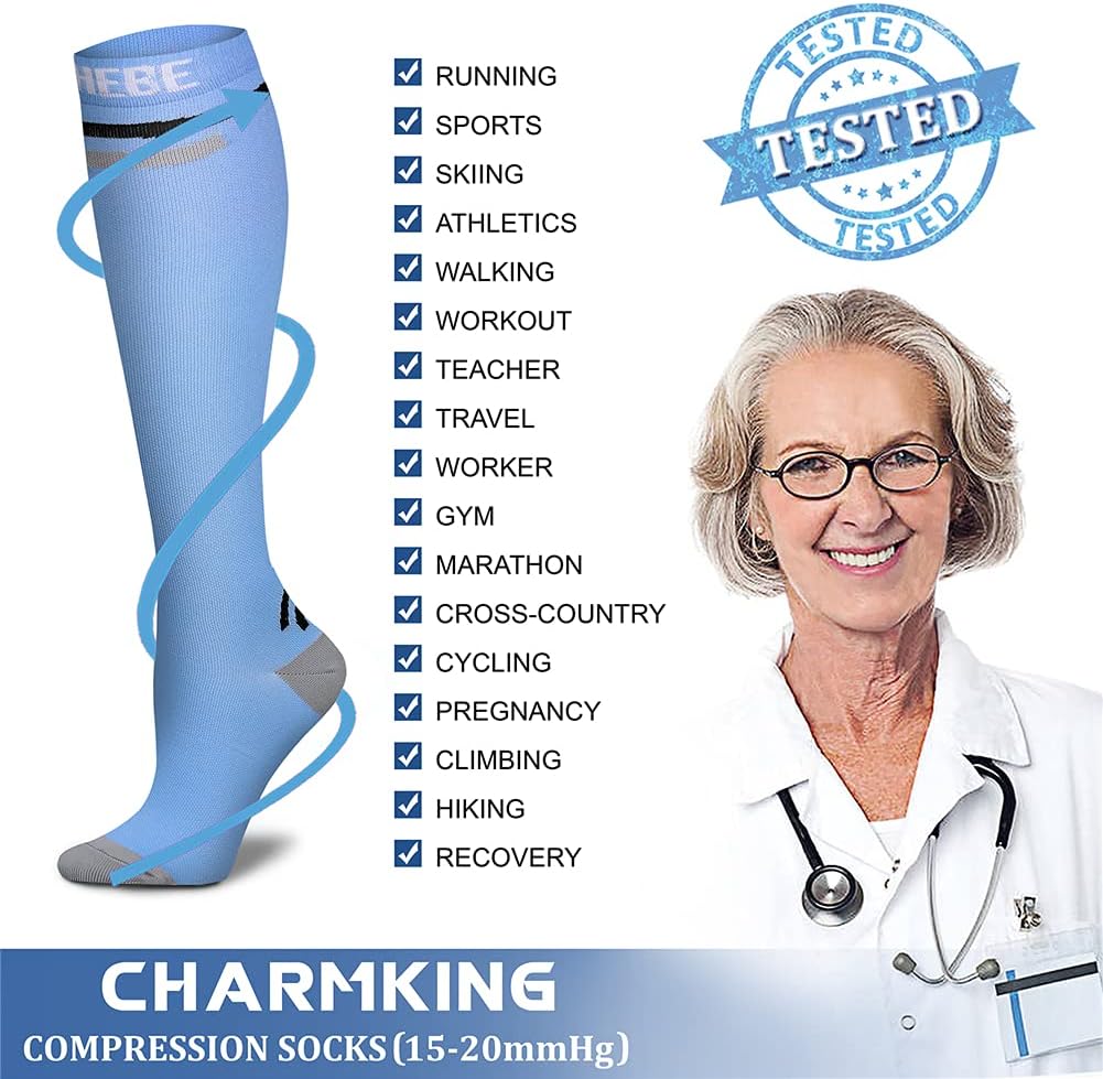 CHARMKING Compression Socks for Women & Men Circulation (8 Pairs) 15-20 mmHg Best Calf Socks Support for Athletic Cycling - Colors A