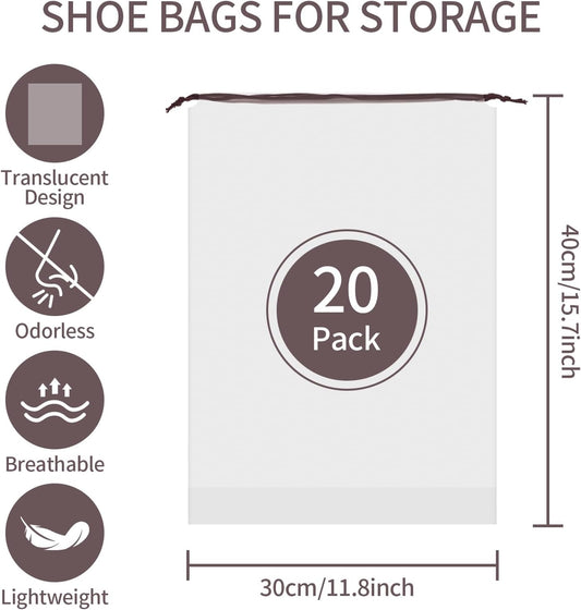20 Pack Shoe Bags - 15.7" x 11.8" Clear Large Waterproof Portable Drawstring Shoe Storage Bags for Packing Travel Essentials