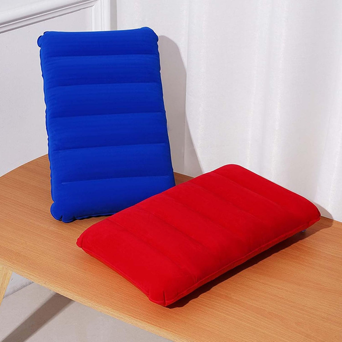 4Pack Ultralight Inflatable Travel Pillow, Small Squared Flocked Fabric Air Pillow for Traveling, Holiday Trip, Hiking, Camping,Napping,Neck Lumbar Support, 16.5 in x 10.5 in (Gray,Blue,Red,Green)