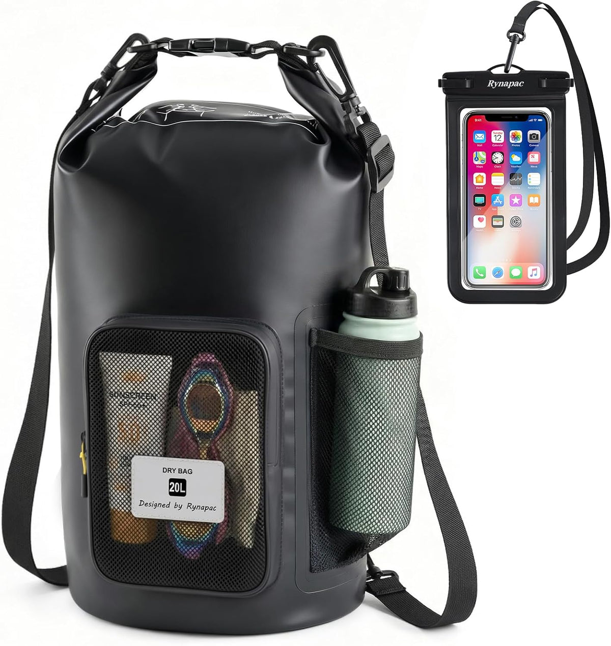 5L Waterproof Dry Bag with Bottle Holder & Mesh Pocket, 500D PVC Tarpaulin Roll Top Dry Sack with Inner Waterproof Adsorption Film, Lightweight Dry Bag for Kayaking, Beach, Boating, Fishing, Travel
