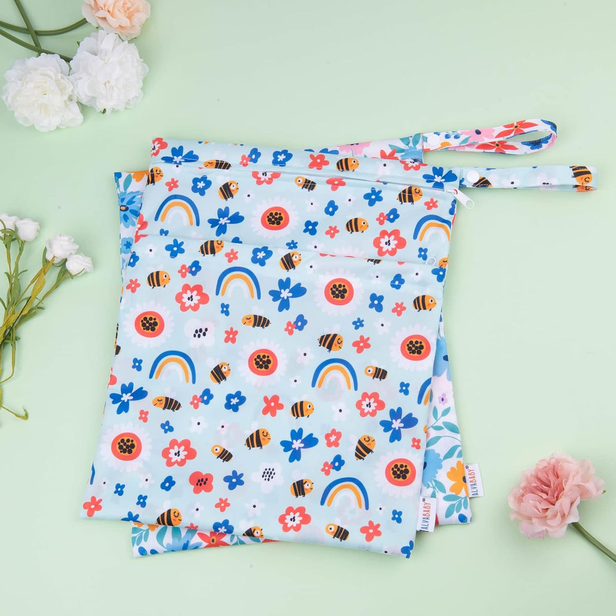 ALVA ALVABABY 3pcs Baby Cloth Diaper Wet/Dry Bags|Waterproof Reusable with Two Pockets|Travel, Beach, Pool, Daycare, Soiled Baby Items,Yoga,Gym Bag for Swimsuits or Wet Clothes 3L-ZM09 - Colors B