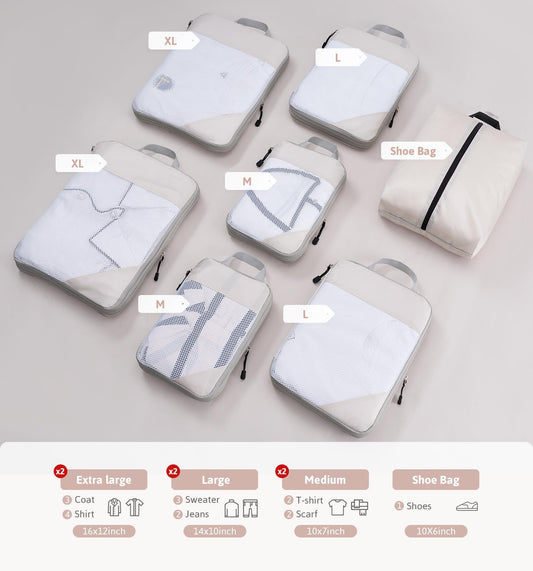 Meowoo 7 Set Compression Packing Cubes for Travel, Durable Ripstop Mesh Suitcase Organizer with Shoe Bag, Ultralight & Expandable Space Saver Travel Cubes