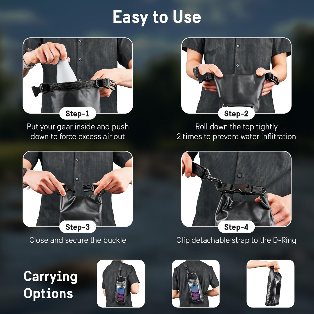Pelican Marine IP68 Waterproof Dry Bag 2L - Roll Top Waterproof Backpack w/Phone Case/Pouch - Boating & Kayak Accessories - Essentials for Camping Swimming Beach Fishing Rafting Travel - Black/Yellow