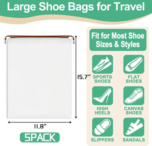 KLASIT Shoe Bags for Travel,Large Waterproof Portable Drawstring Clear Shoe Bags,Travel Essentials for Men and Women,15.7 x 11.8 inches, 5 PACK