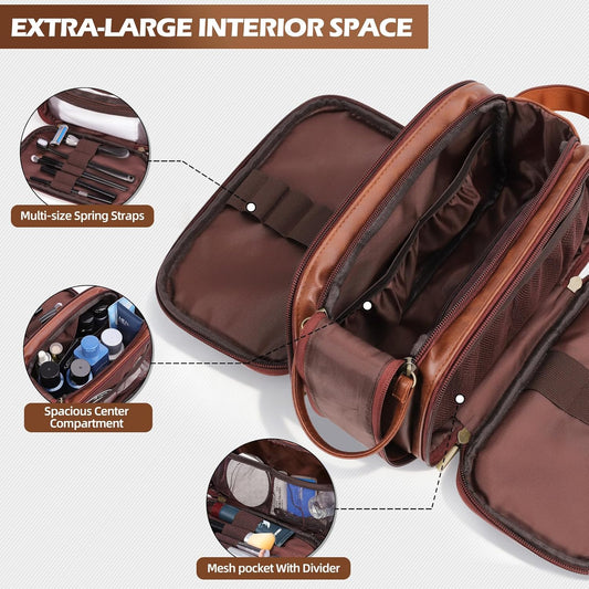 Personalized Travel Toiletry Bag for Men, Engraved Initials Waterproof PU Leather Toiletry Bag, Large Capacity Portable Shaving Bag Travel Essential, Unique Birthday Gift for Men Dad Husband Him,M