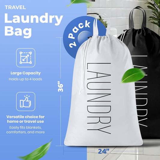 Handy Laundry Extra Large Travel Laundry Bags 2-Pack – 24 x 36 Inches Heavy Duty Water-Resistant Dirty Clothes Bags for Travel, Camping, Dorm, Family – Sturdy Drawstring Closure, Teal-Grey Print