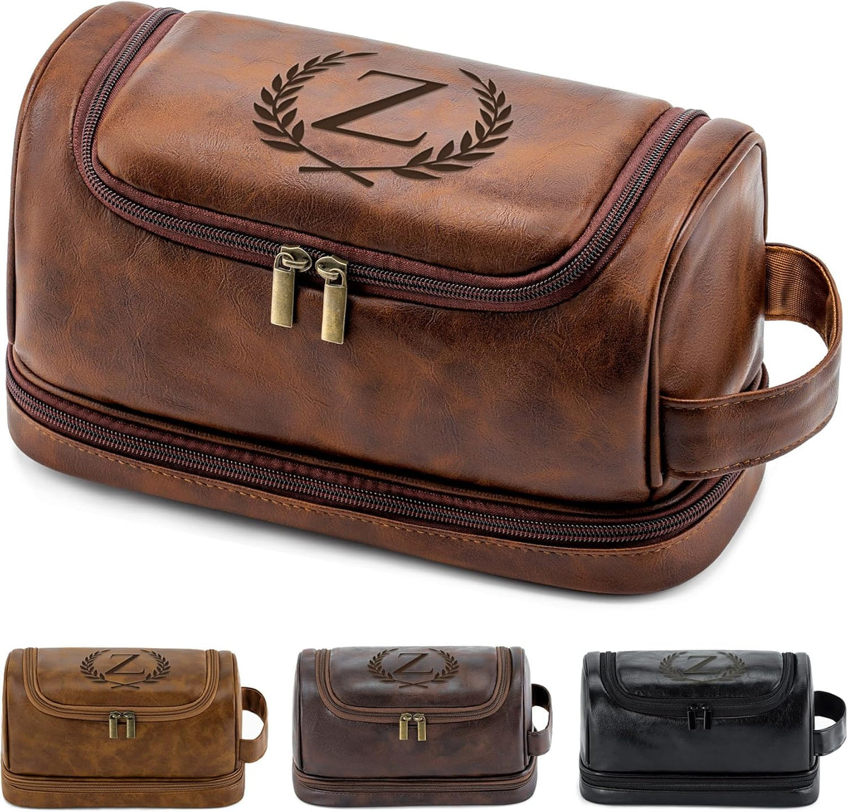 Personalized Christmas Birthday Gifts Toiletry Bag for Men Dad Husband, Custom Initial PU Leather Waterproof Toiletry Organizer Dopp Kit Shaving Bag Travel Essential for Men, Light Brown J