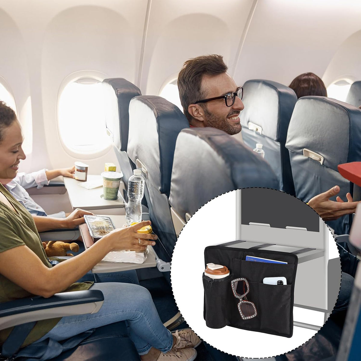 Airplane Seat Back Organizer & Storage - Premium Oxford Cloth Tray Table Cover with Separate Pockets (Black)