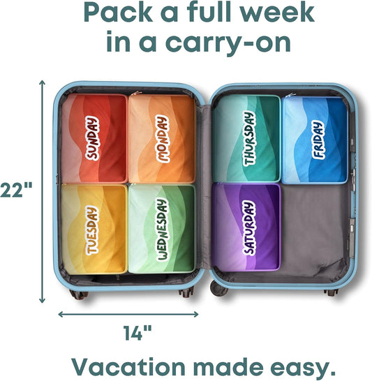 Packing Cubes for Kids & Baby Days of the Week 7 Set Daily Outfit Suitcase Organizers for Boys and Girls Summer Camp, Cruise, and Family Vacation (Small)