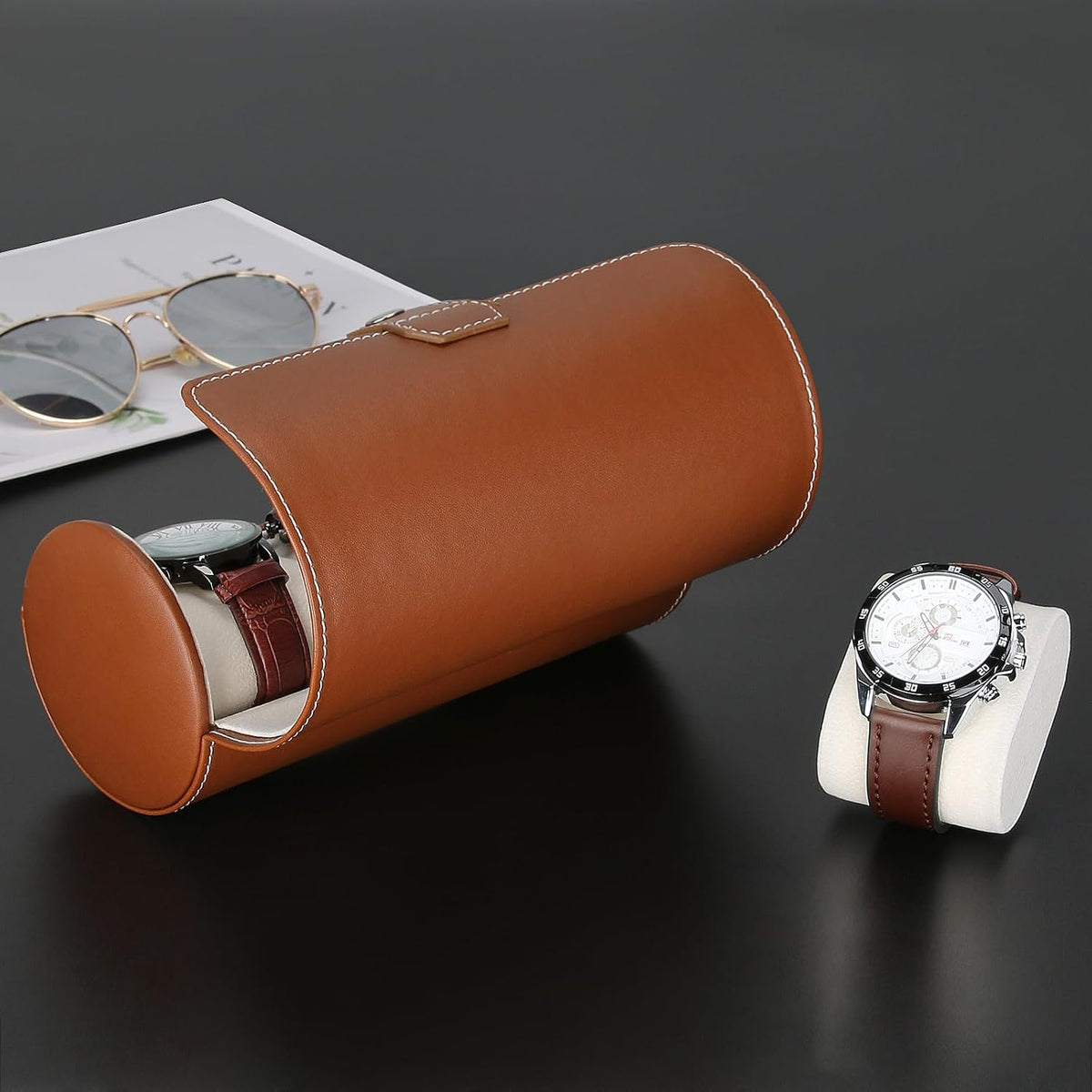 3-Slot Travel Case Roll Organizer for Men, Vegan PU Leather Display Storage Holder for Watch Collection (Black)