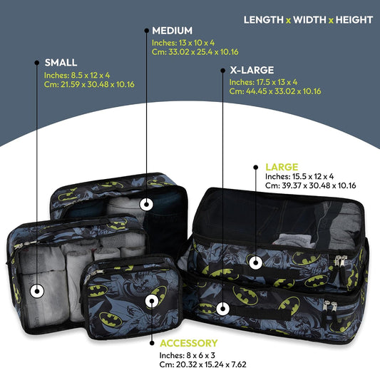 Batman Packing Cubes - 5 Piece Travel Essentials Luggage Organizer - Suitcase Bags - Batman, Superman, Joker Cube Set for Kids, Teens Adults