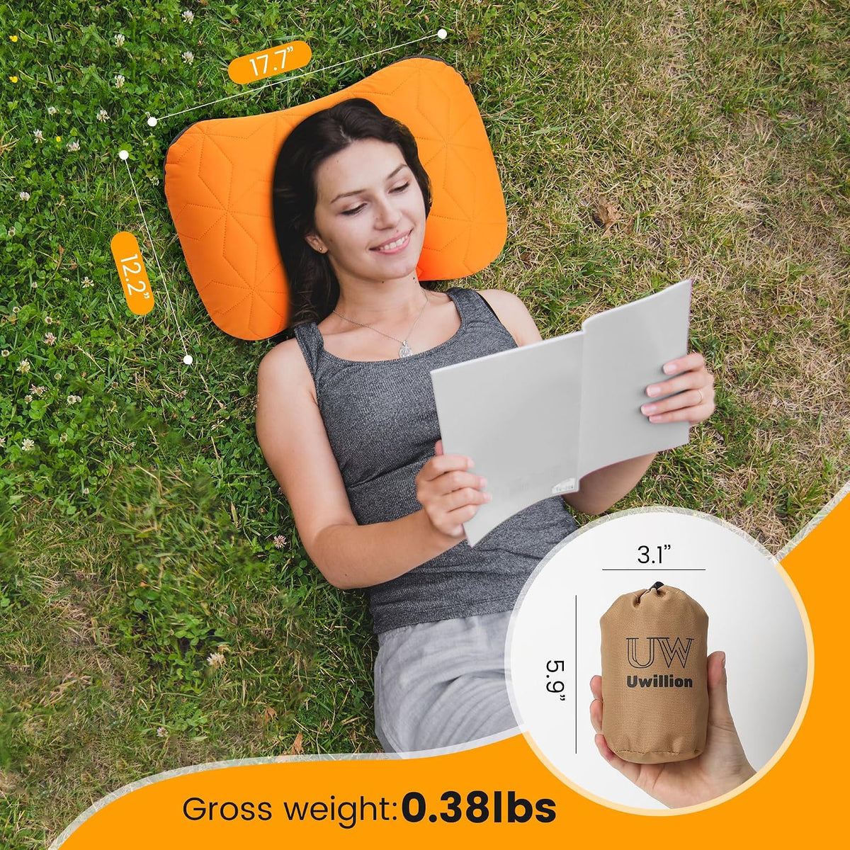 Inflatable Camping Pillow with Removable Washable Cover, Ultralight Compact Air Pillow for Backpacking, Hiking, Travel & Camping, Ergonomic Neck and Lumbar Support Blow Up Pillow – Grey