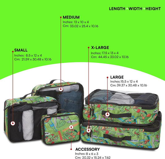 Packing Cubes - Leonardo, Raphael, Donatello, Michelangelo - TMNT 5 Piece Travel Luggage Organizer Set for Kids Teens Adults