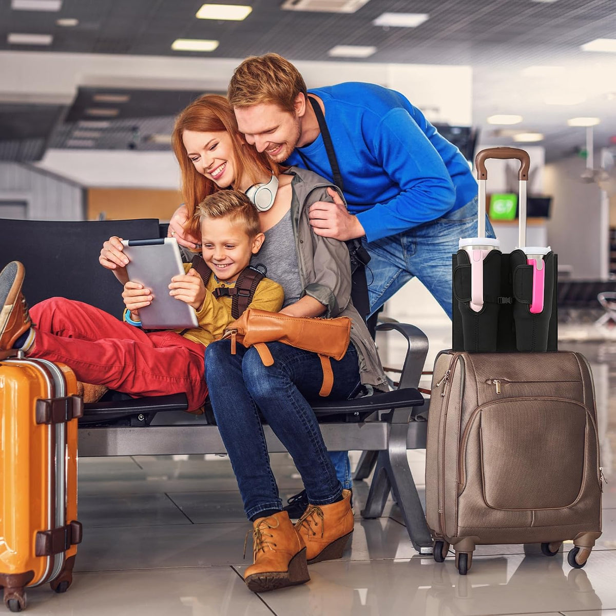 Luggage Cup Holder for Suitcases, Compatible with 30-40 Oz Stanley Tumblers, Foldable Luggage Cup Holder with Phone & Ticket Pocket, Waterproof Hands-Free Travel Accessory (Black)