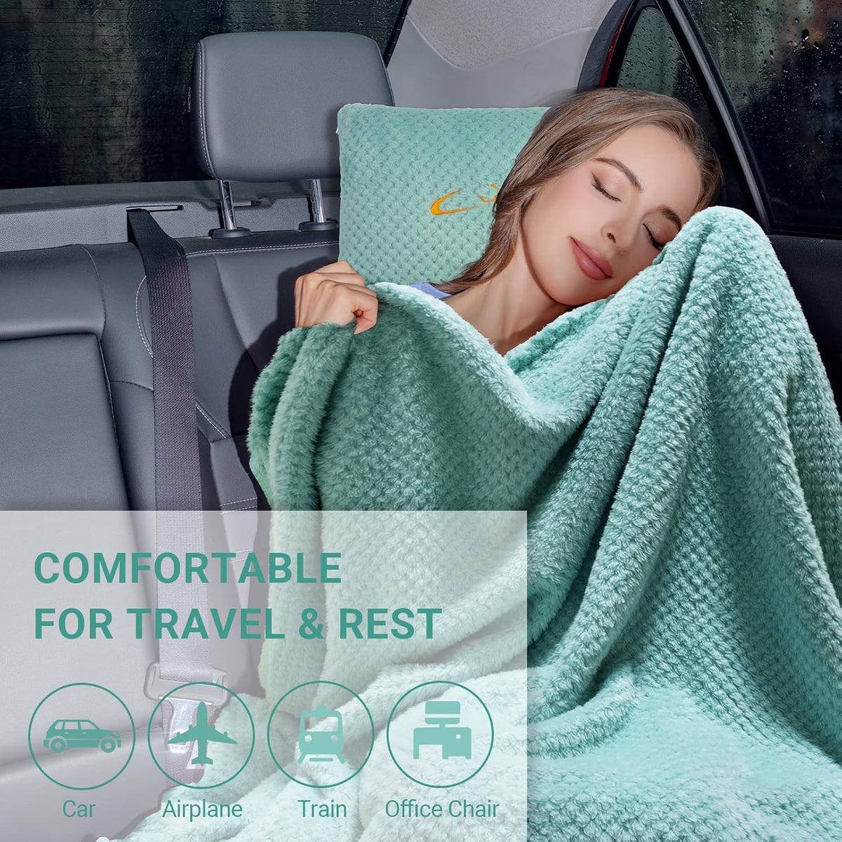 Travel Blanket and Pillow Set, 300 GSM Soft Fleece, 60x43 Inches, 3-in-1 Compact with Bag, Pink