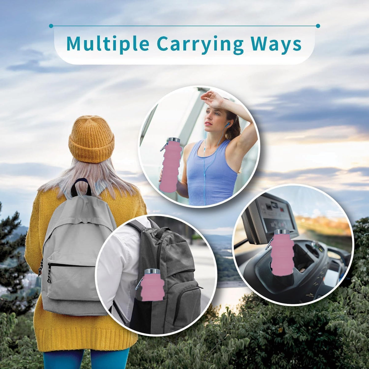 Collapsible Water Bottles 17oz, Odorless BPA-Free Silicone, Leak-Proof Foldable Reusable Bottle - Perfect for Travel Sports Gym Hiking Camping Cycling - Soft Pink