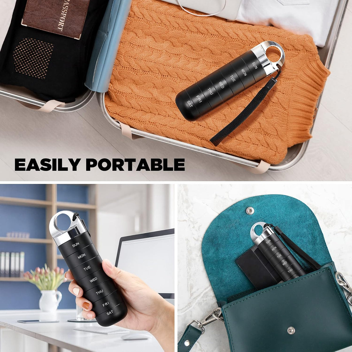 Metal Travel Pill Organizer, Portable Waterproof Weekly Pill Box, Large Aluminum Alloy Container, BPA Free 7 Day Daily Medicine Organizer Holder for Vitamin, Fish Oil, Supplement