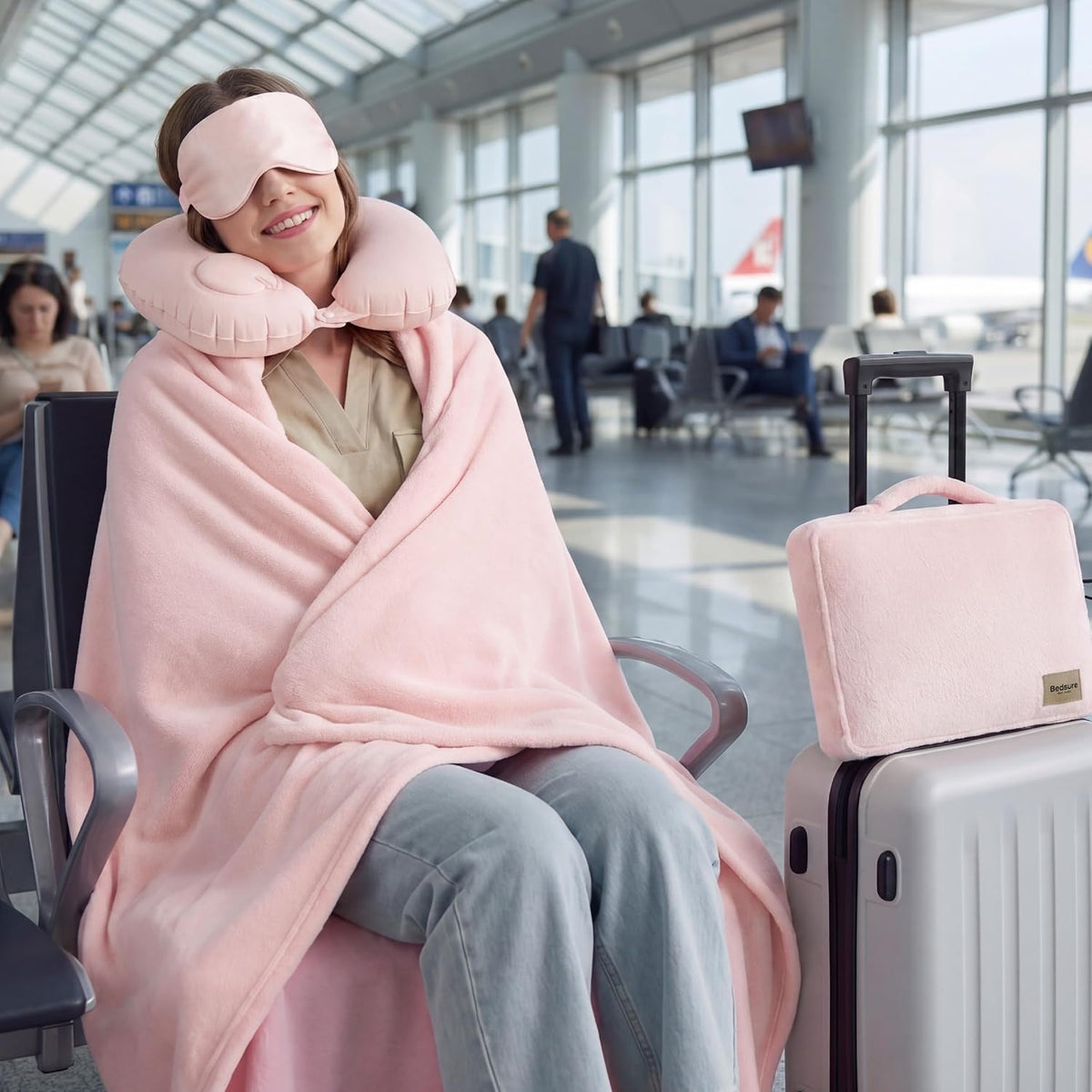 Travel Blanket Set with Inflatable Neck Pillow and Eye Mask, Grey