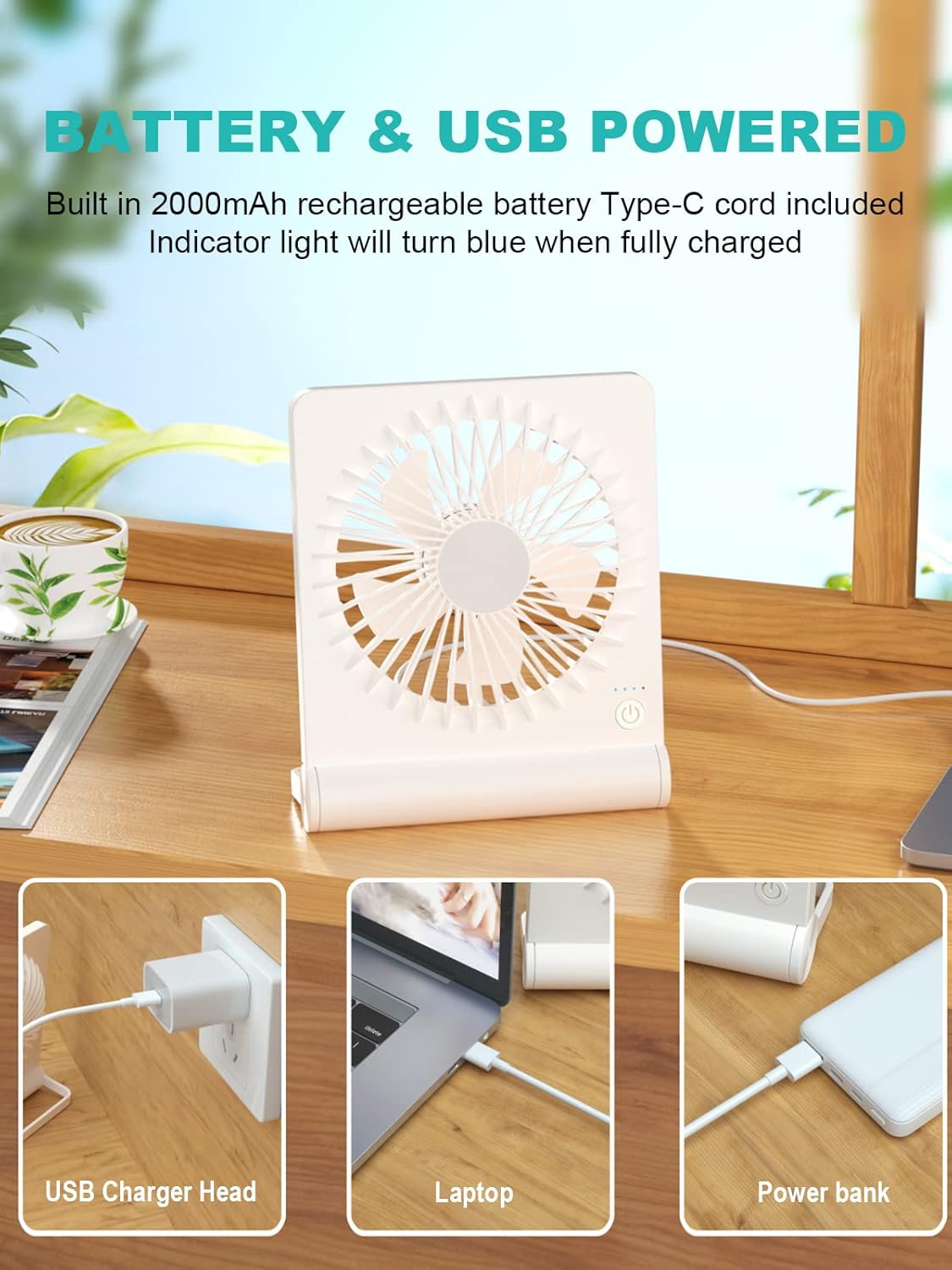 Desk Fan, Rechargeable Battery Operated, 3 Speeds Ultra Quiet Strong Wind