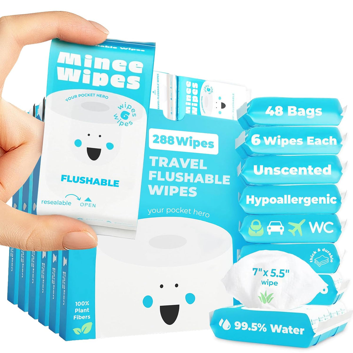 Impossibly Compact Travel Flushable Wipes - 99.5% Water and Aloe - Safe for Sensitive Skin & Hypoallergenic - Travel Essentials for Adults & Kids, Unscented, 8 Pack 48 Wipes
