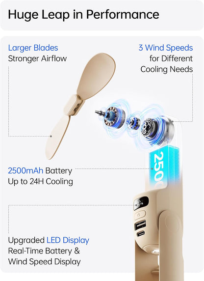 JISULIFE Portable Handheld Fan, 3 In 1-Fan, Power Bank, Flashlight, Blue
