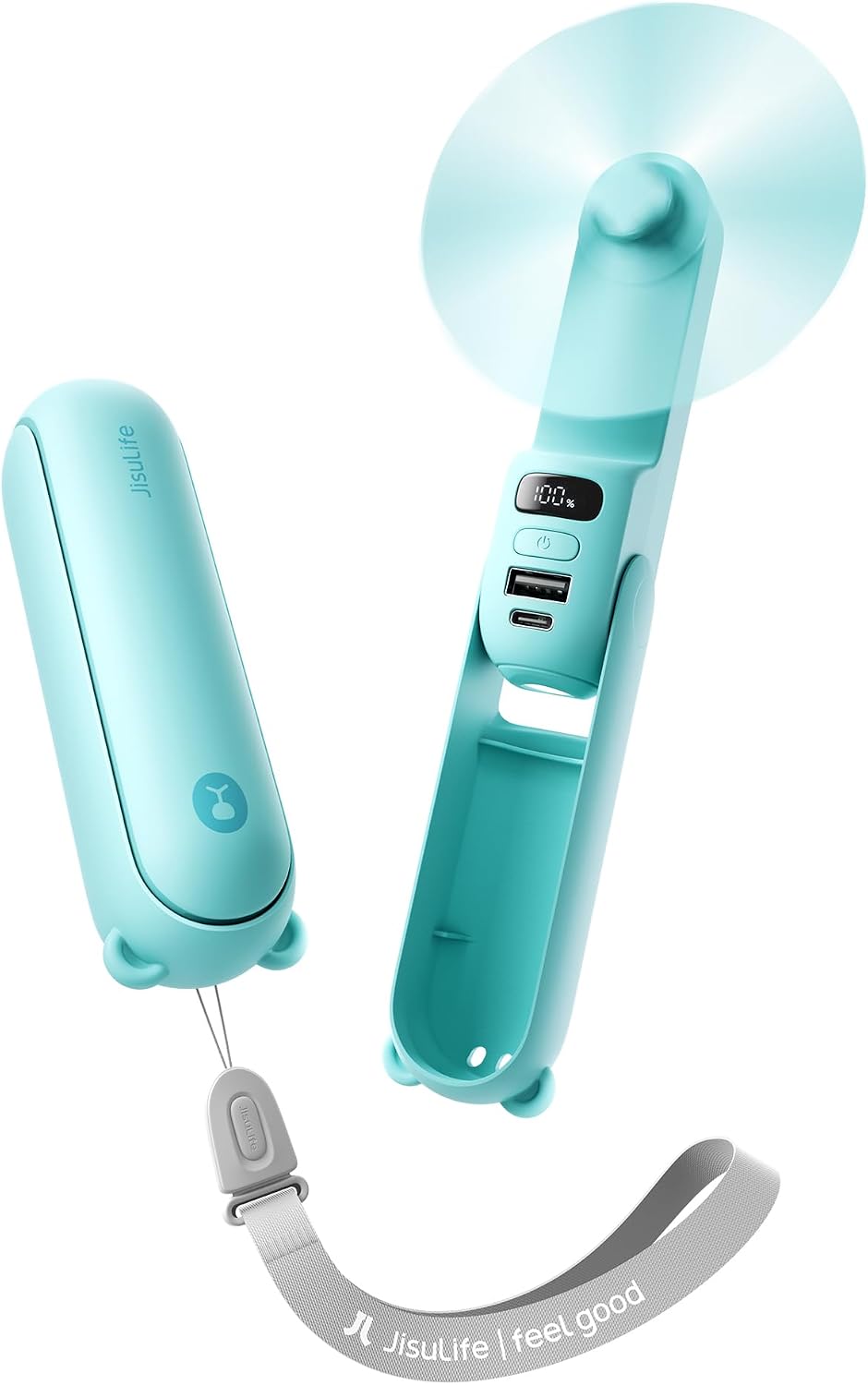JISULIFE Portable Handheld Fan, 3 In 1-Fan, Power Bank, Flashlight, Blue