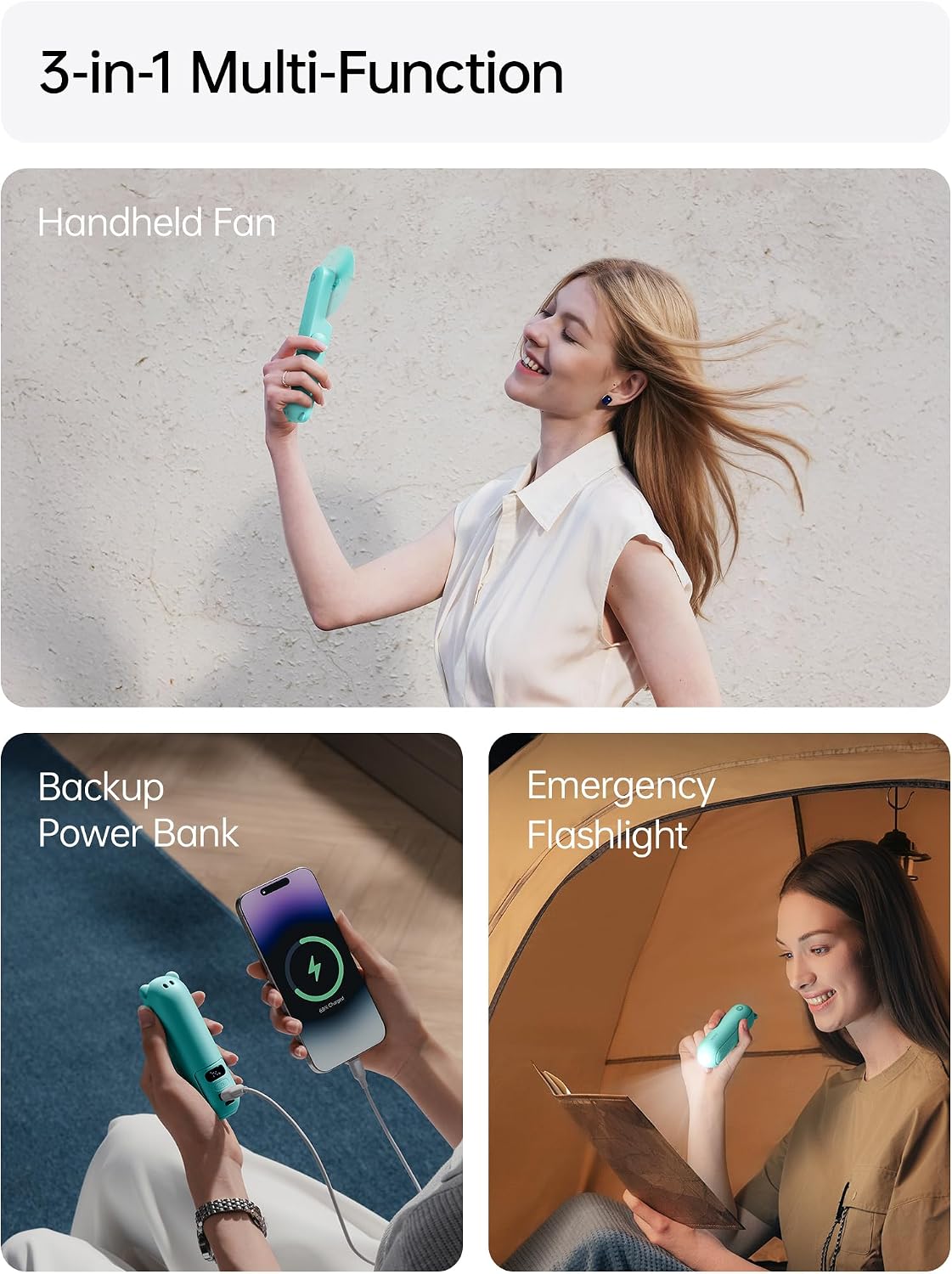 JISULIFE Portable Handheld Fan, 3 In 1-Fan, Power Bank, Flashlight, Blue