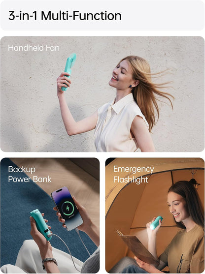 JISULIFE Portable Handheld Fan, 3 In 1-Fan, Power Bank, Flashlight, Blue