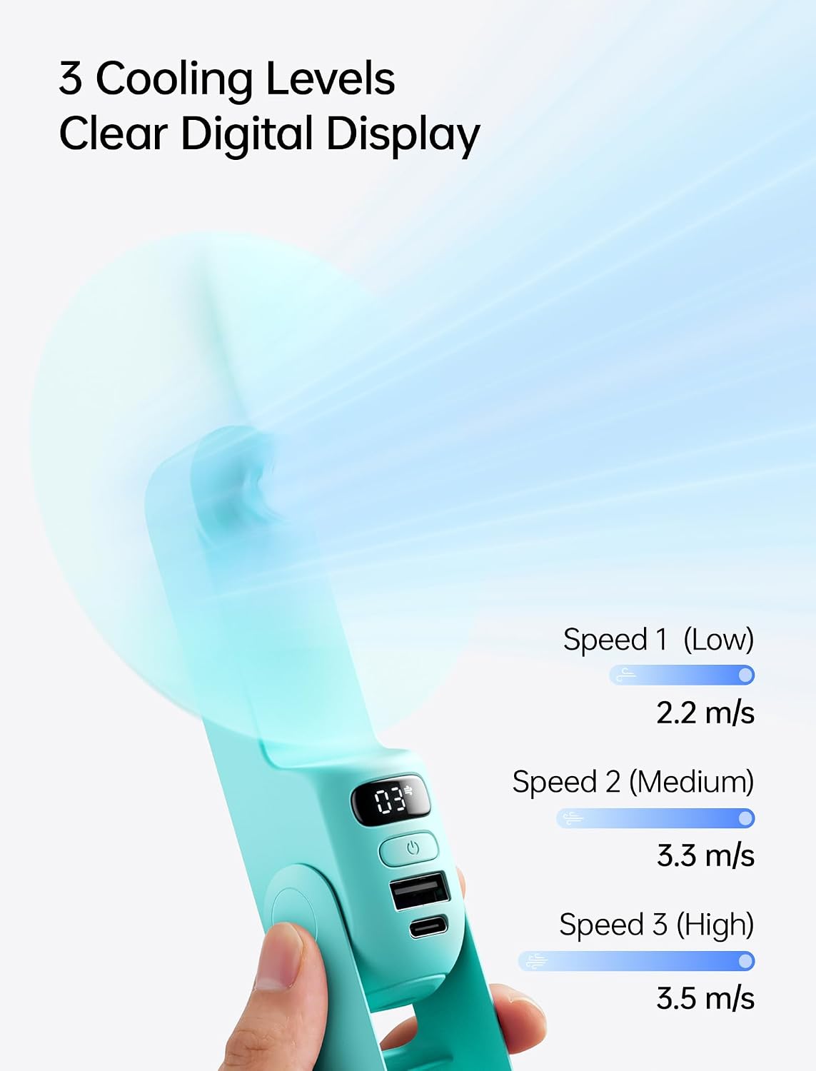 JISULIFE Portable Handheld Fan, 3 In 1-Fan, Power Bank, Flashlight, Blue