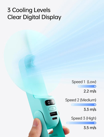 JISULIFE Portable Handheld Fan, 3 In 1-Fan, Power Bank, Flashlight, Blue