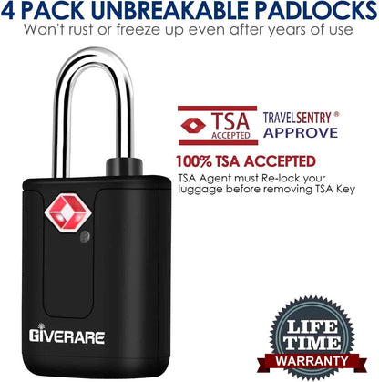4 Pack TSA Approved Travel Luggage Locks with Keys, Keyed Suitcase Padlock, Zipper Small Locks, TSA Accepted Compatible Padlocks for Suitcase, Backpack, Gym Locker, Jewelry Box, Anti Theft-Black