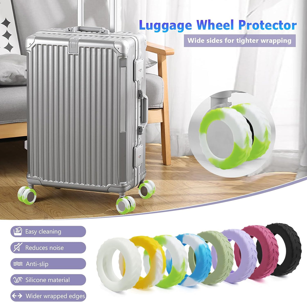UMUST 8Pcs Luggage Wheel Covers,Silicone Cover for 2-2.4'' Suitcase Spinner Wheel, Upgrade Carry On Luggage Wheels Protector,Essential Travel Accessories (Gradual Green)