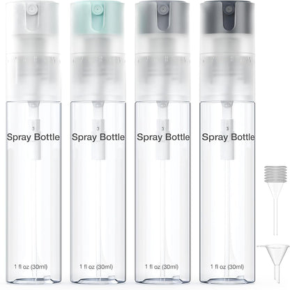 4 Pack Refillable Spray Bottle, Reversible Small Empty Spray Bottle with Fine Mist, Leak Proof - for Cleaning Solutions, Mosquito prevention, Face & Hair Mist - 4pk 1 OZ / 30 ML