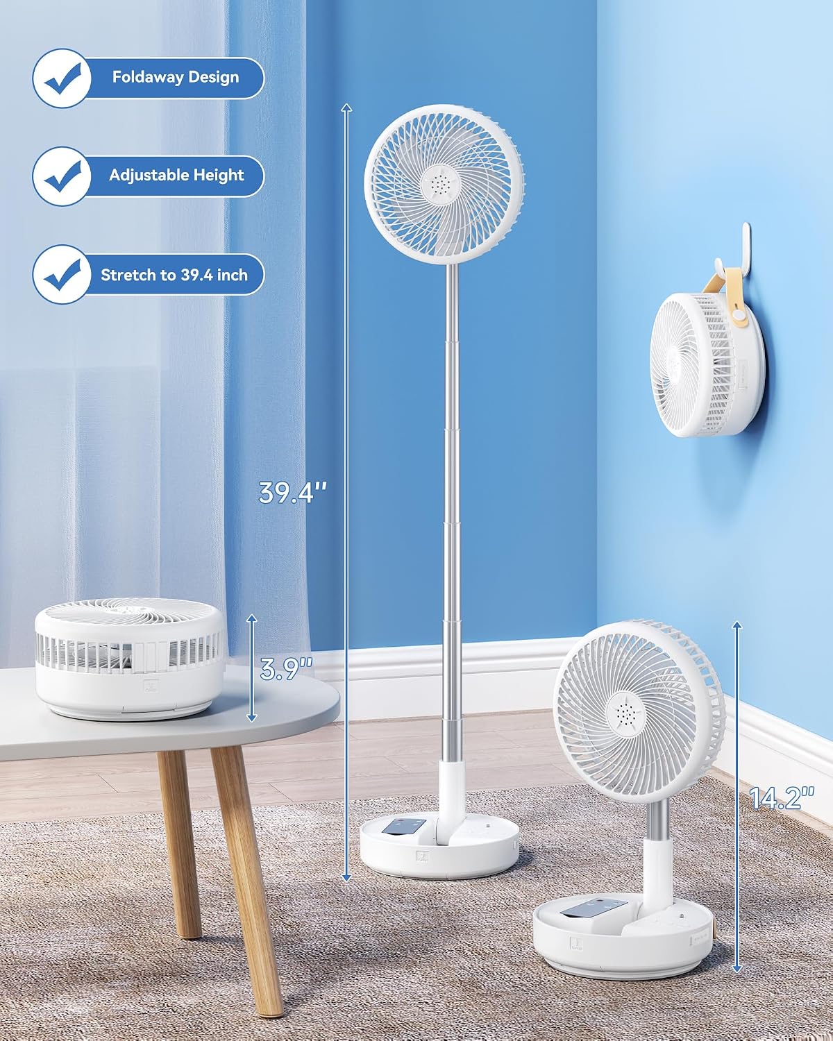 Portable Oscillating Travel Fan, 10400mAh Rechargeable Battery with Remote