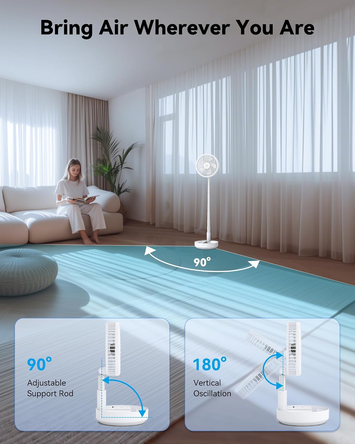 Portable Oscillating Travel Fan, 10400mAh Rechargeable Battery with Remote