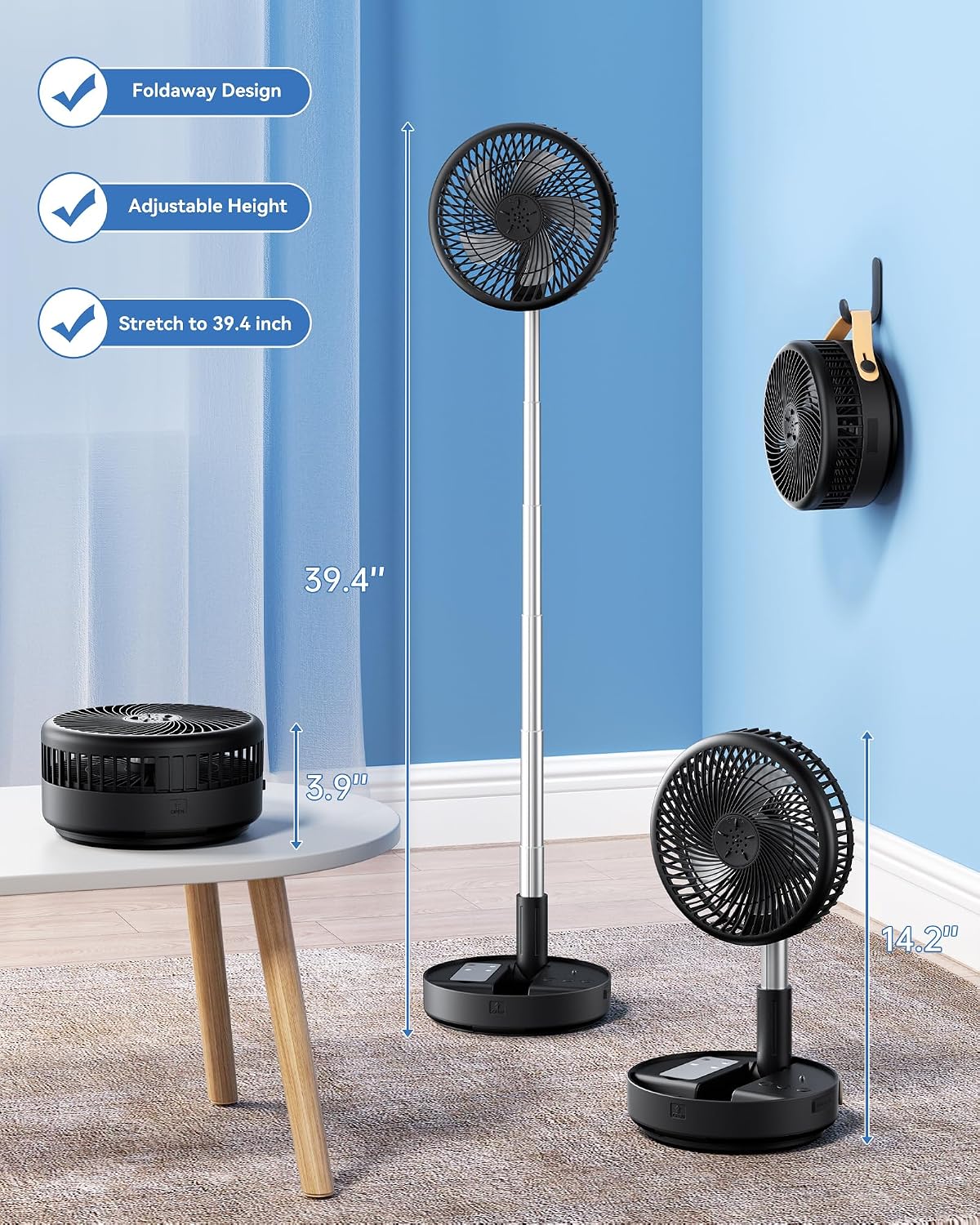 Portable Oscillating Travel Fan, 10400mAh Rechargeable Battery with Remote