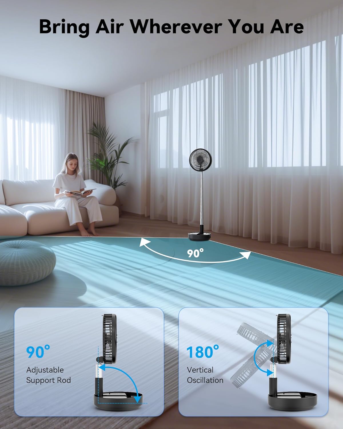 Portable Oscillating Travel Fan, 10400mAh Rechargeable Battery with Remote