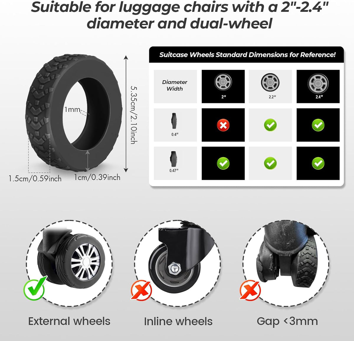 8 Pack Luggage Wheel Covers for Dual Spinner Wheels, Silicone Suitcase Wheel Protectors for 2.0"-2.4" Wheels, Noise Reducing & Anti-Scratch Tire Sleeves, Travel Accessories for Checked & Carry On