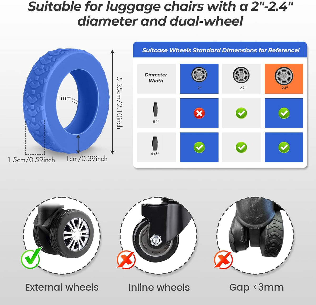 8 Pack Luggage Wheel Covers for Dual Spinner Wheels, Silicone Suitcase Wheel Protectors for 2.0"-2.4" Wheels, Noise Reducing & Anti-Scratch Tire Sleeves, Travel Accessories for Checked & Carry On