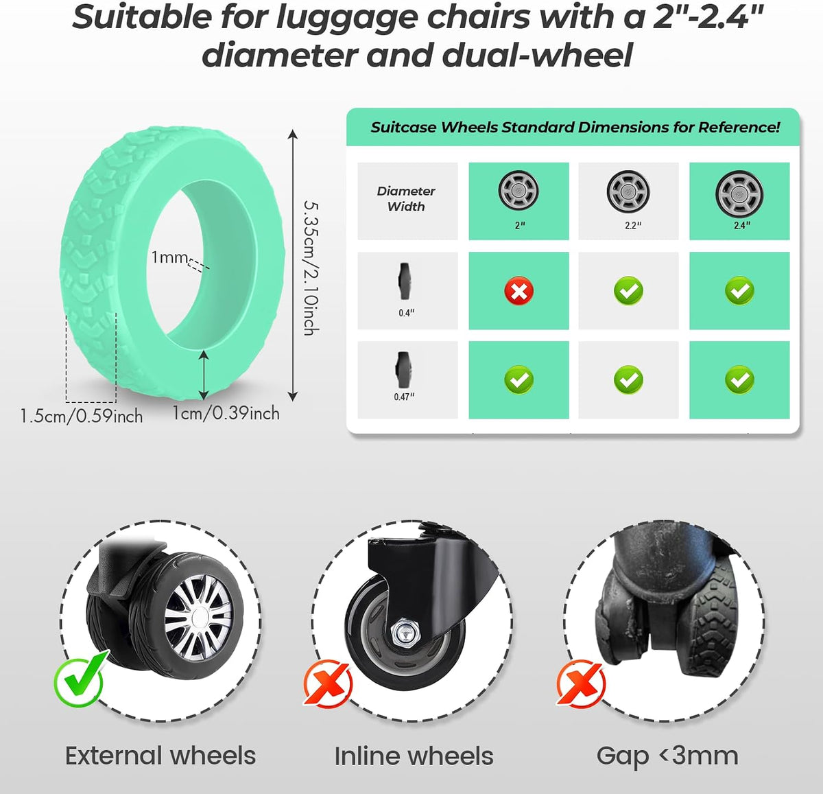 8 Pack Luggage Wheel Covers for Dual Spinner Wheels, Silicone Suitcase Wheel Protectors for 2.0"-2.4" Wheels, Noise Reducing & Anti-Scratch Tire Sleeves, Travel Accessories for Checked & Carry On