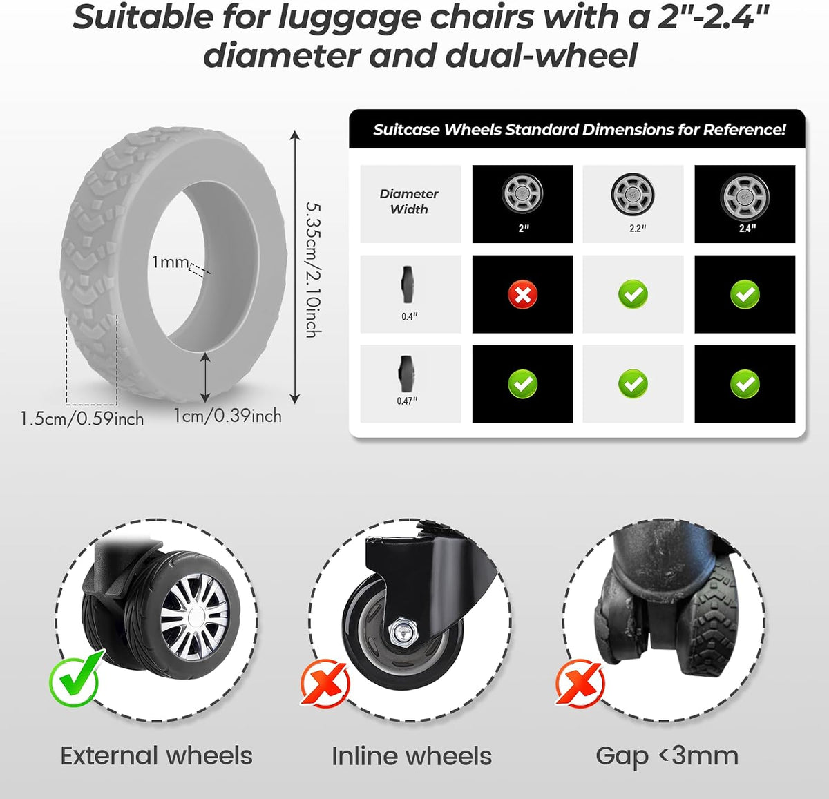 8 Pack Luggage Wheel Covers for Dual Spinner Wheels, Silicone Suitcase Wheel Protectors for 2.0"-2.4" Wheels, Noise Reducing & Anti-Scratch Tire Sleeves, Travel Accessories for Checked & Carry On