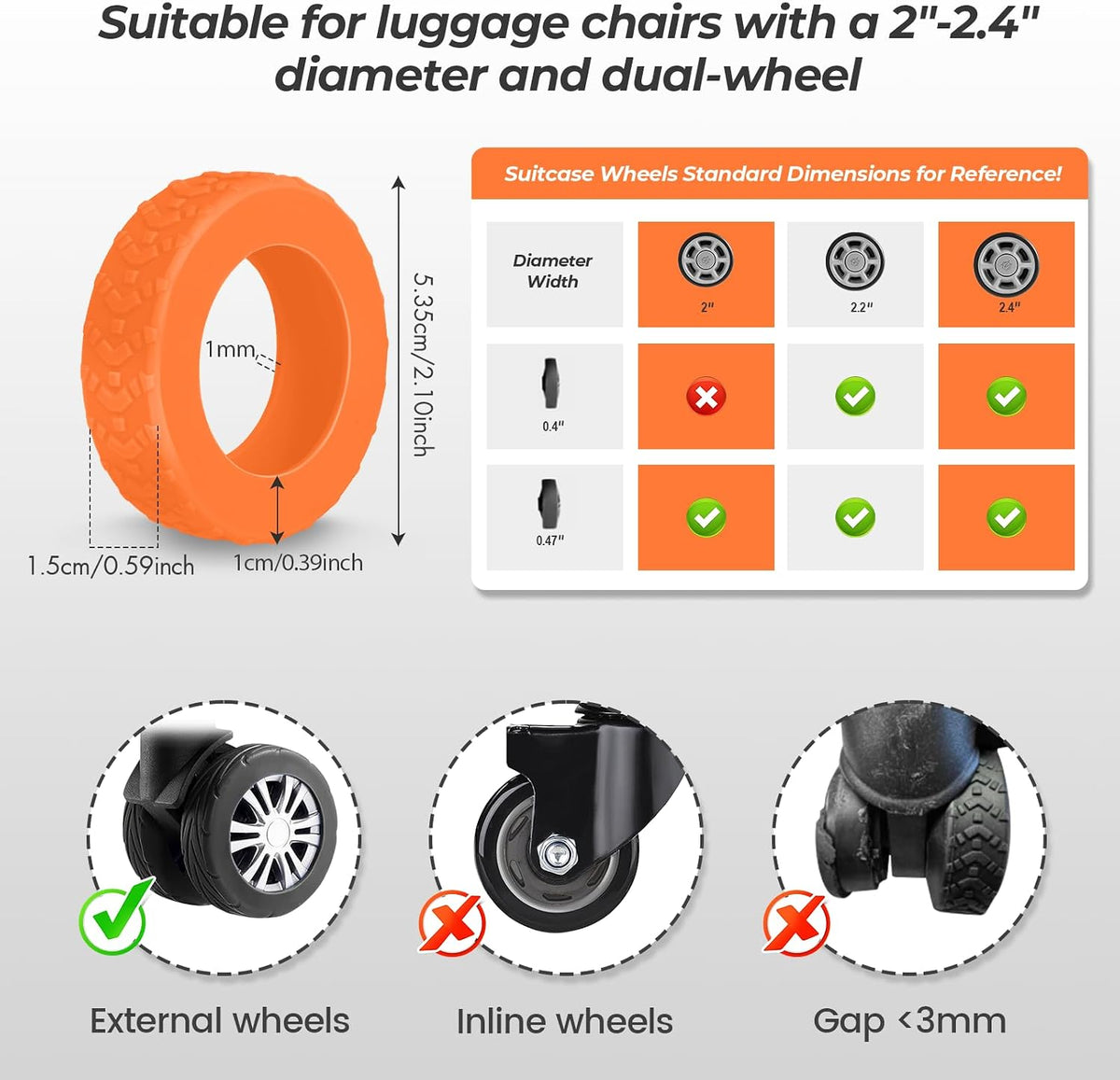 8 Pack Luggage Wheel Covers for Dual Spinner Wheels, Silicone Suitcase Wheel Protectors for 2.0"-2.4" Wheels, Noise Reducing & Anti-Scratch Tire Sleeves, Travel Accessories for Checked & Carry On