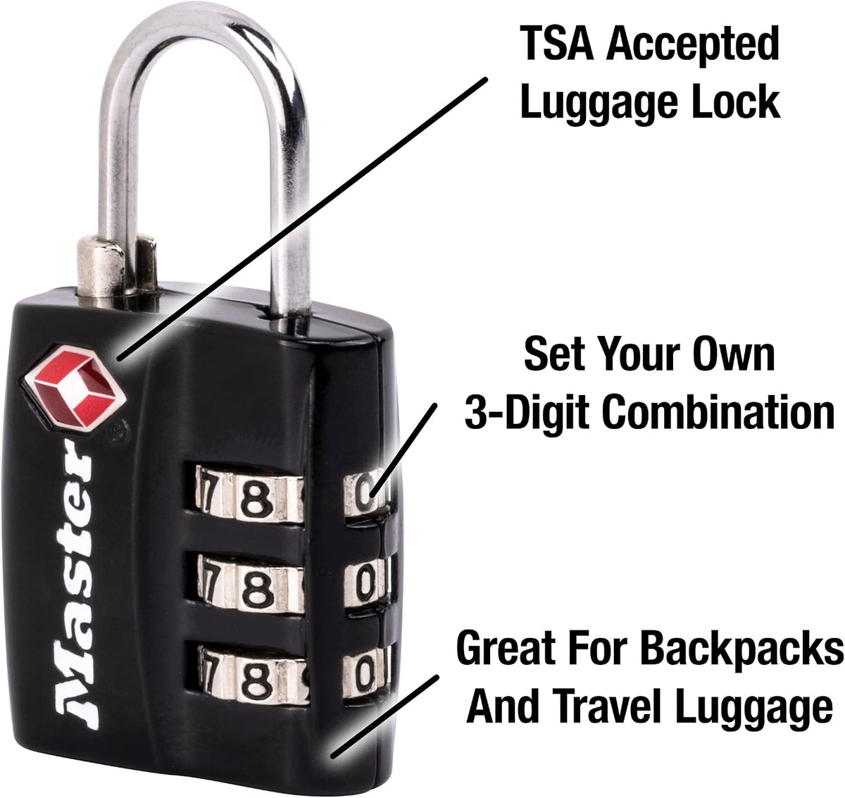 Black TSA-Approved Luggage Lock with Wide Lock Body and Thin, Durable Steel Shackle, Zipper Lock for Backpacks, Luggage, 4680DBLK