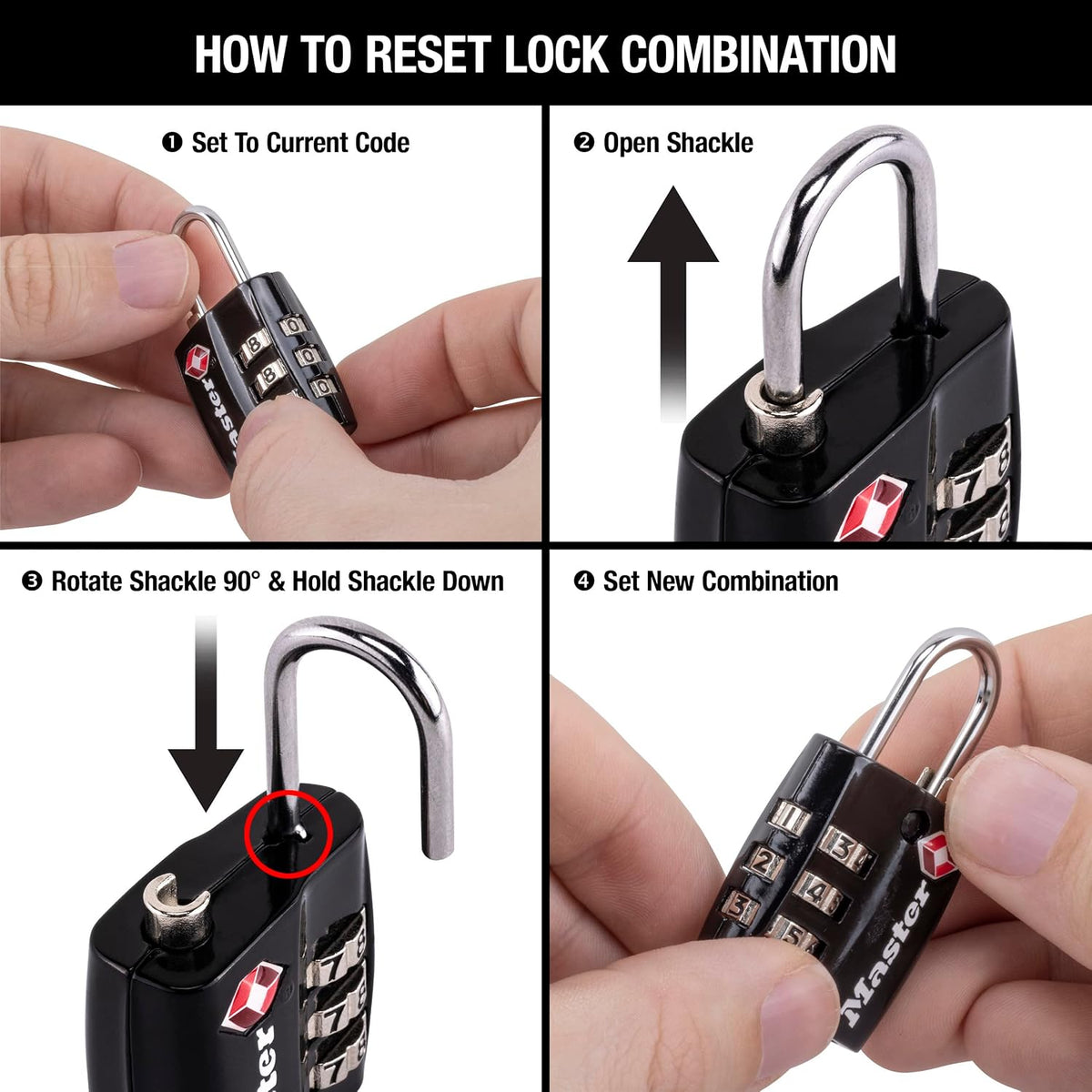 Black TSA-Approved Luggage Lock with Wide Lock Body and Thin, Durable Steel Shackle, Zipper Lock for Backpacks, Luggage, 4680DBLK