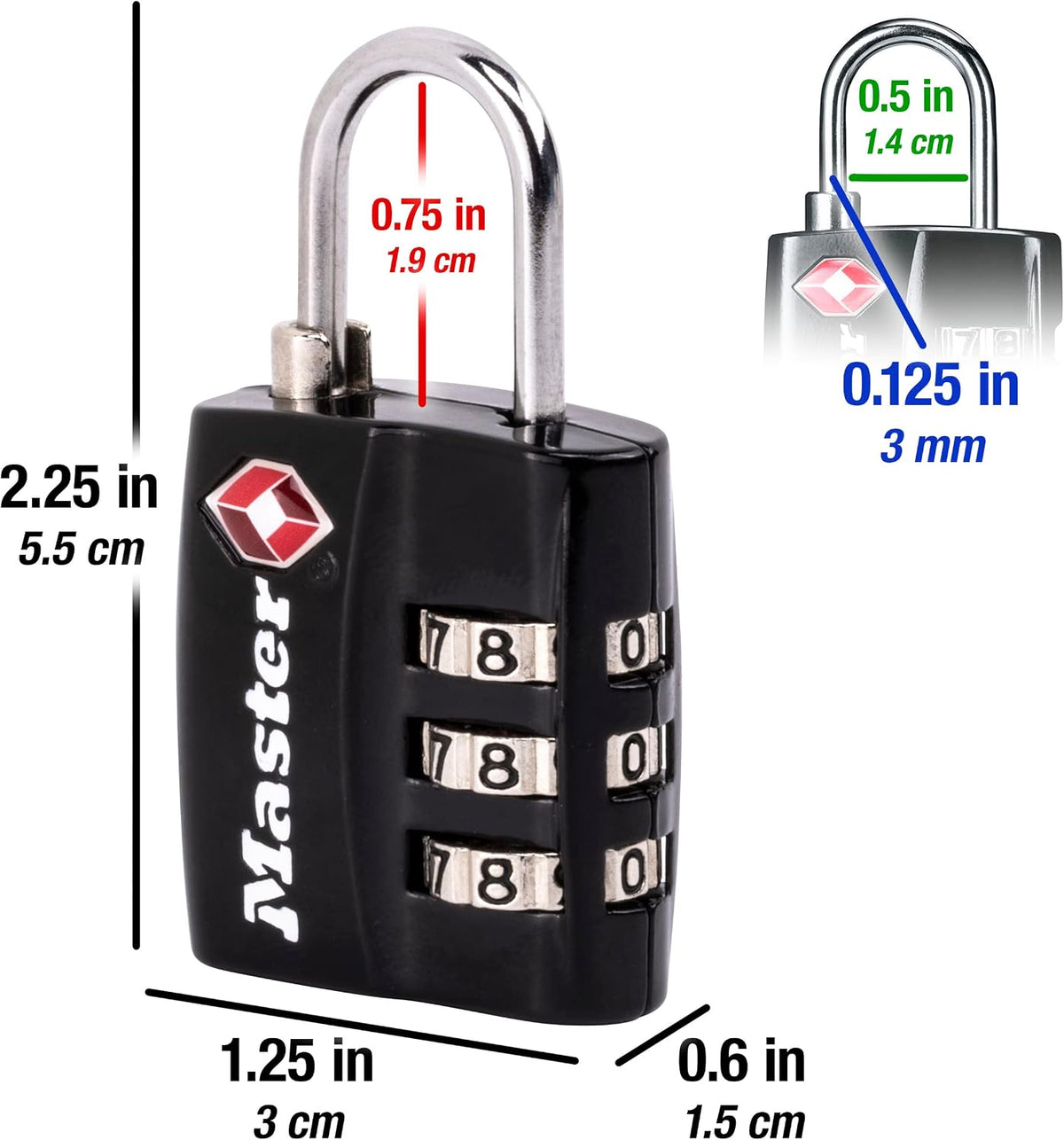 Black TSA-Approved Luggage Lock with Wide Lock Body and Thin, Durable Steel Shackle, Zipper Lock for Backpacks, Luggage, 4680DBLK